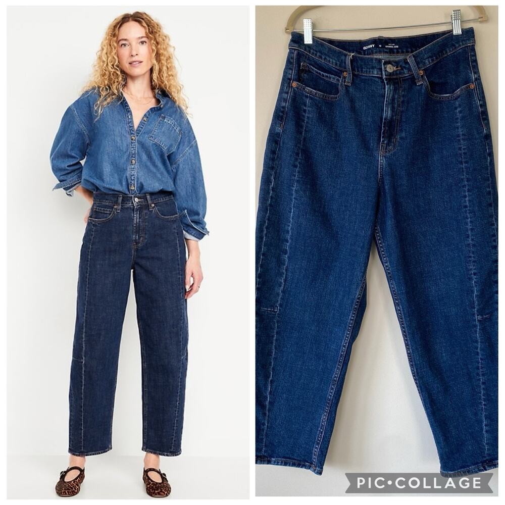 Old Navy Barrel Leg Ankle Jeans Size 12 Dark Denim Wash High Waisted 25” Inseam